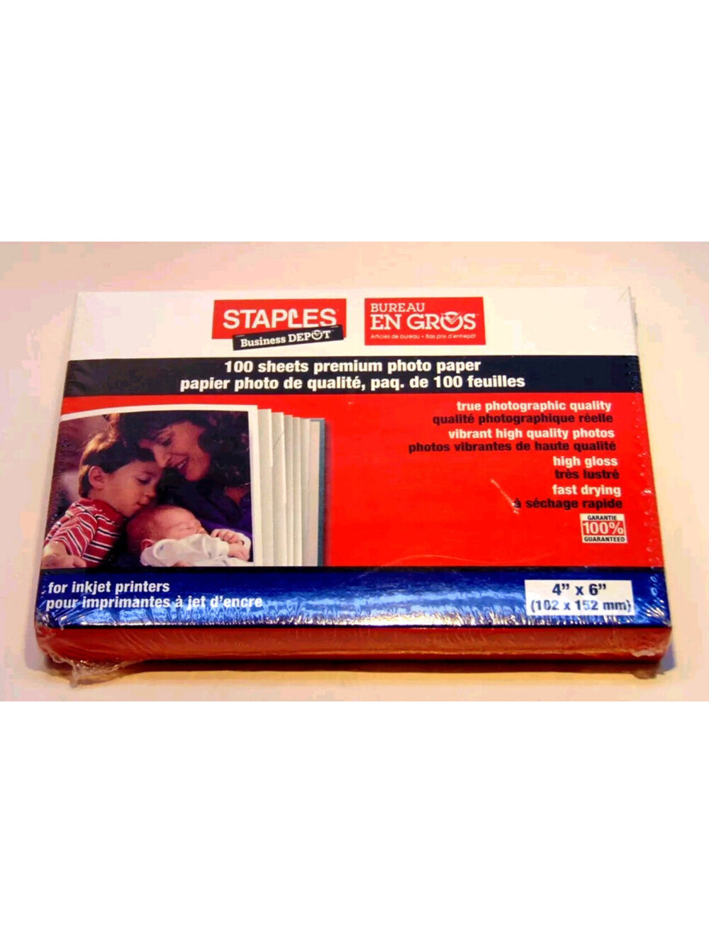 Staples Brand Premium Photo Paper High Gloss, 100 sheets 4x6 for Inkjet, Sealed